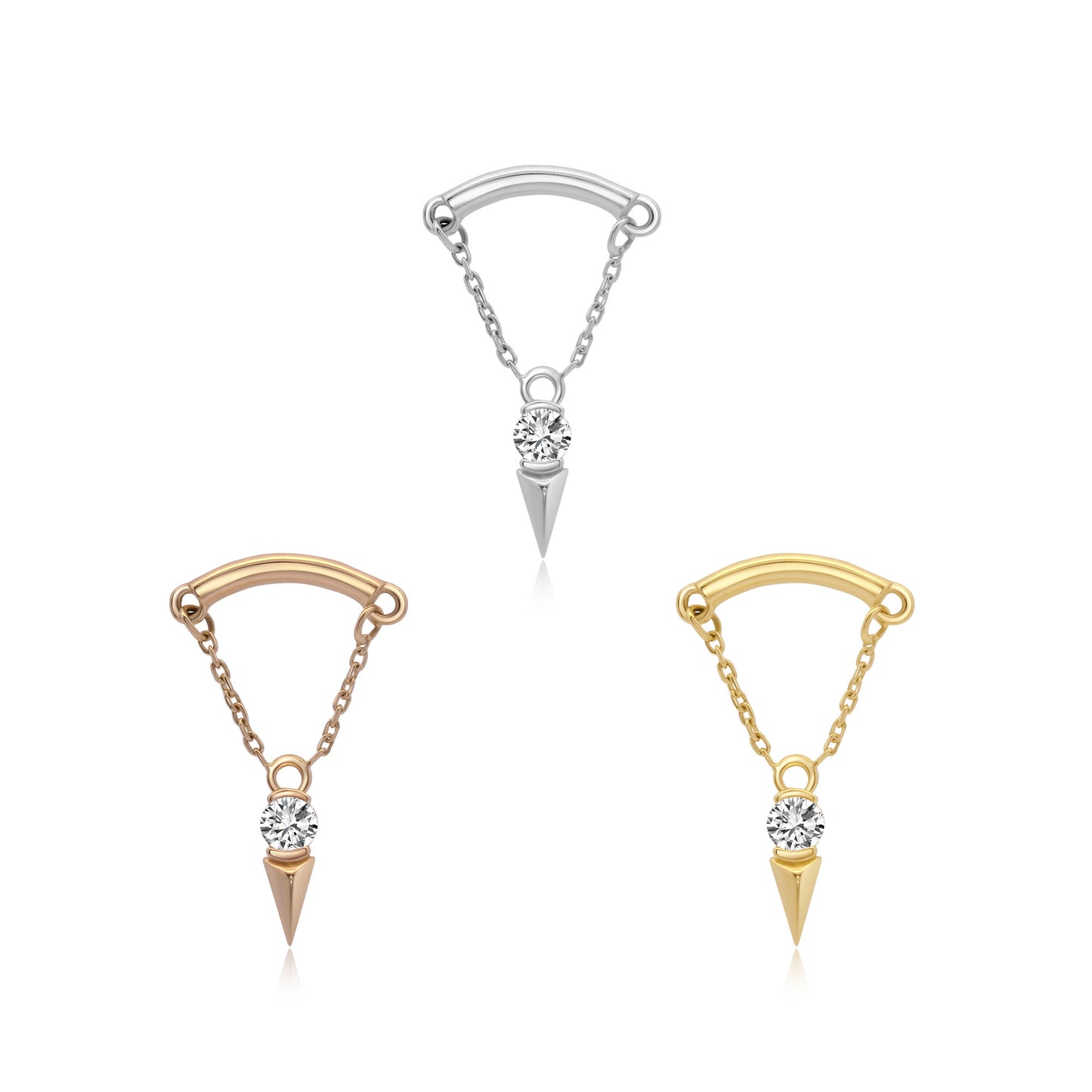 14k gold threadless end helix jewelry with CZ and chain