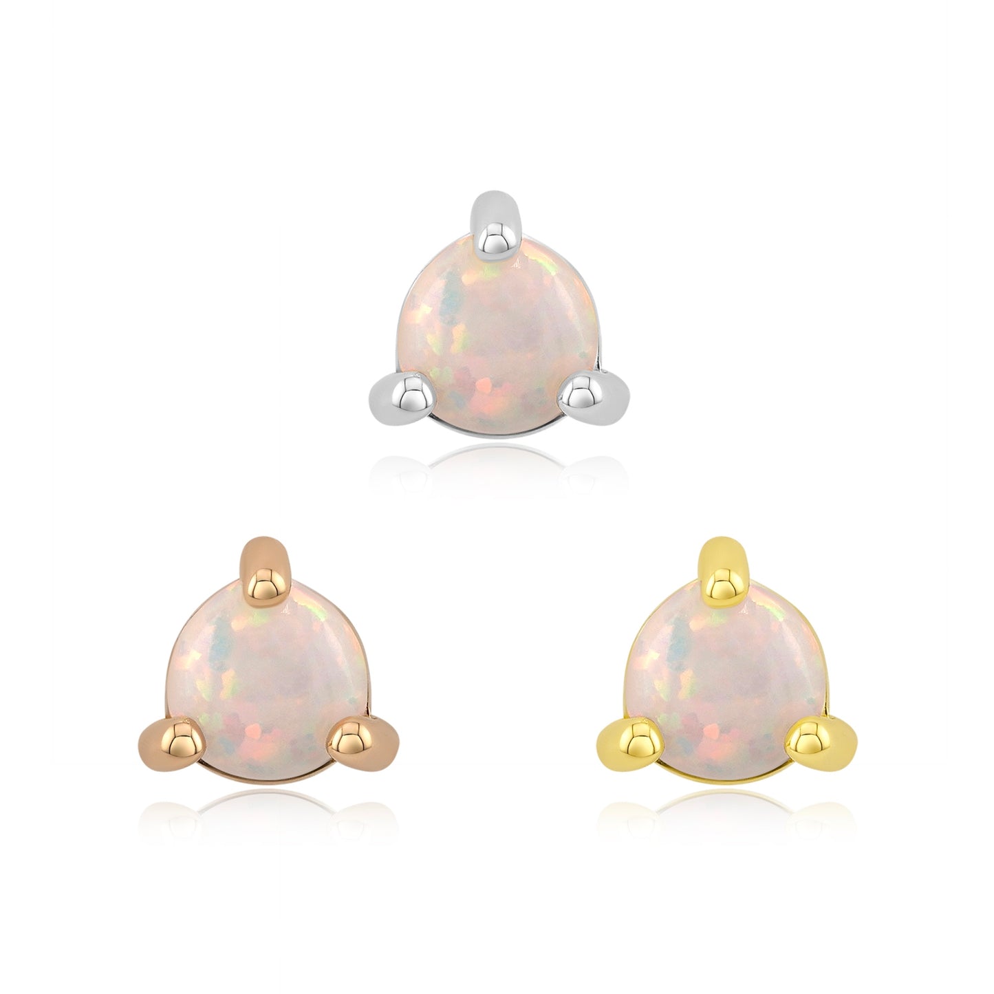 3 prong white opal threadless end in 14k gold for piercings