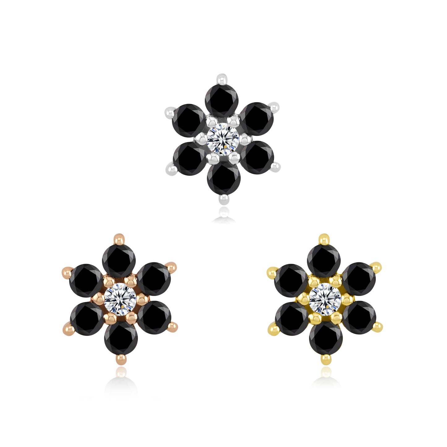 14k gold floral threadless piercing stud with CZ gemstones