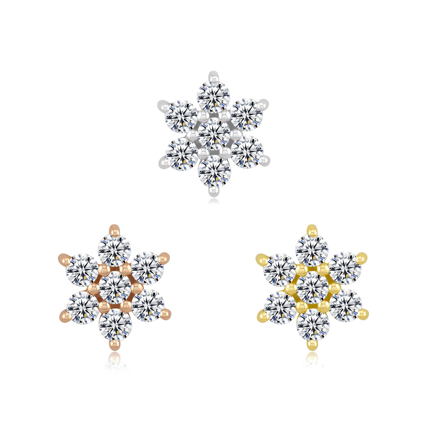 14k gold floral threadless piercing stud with CZ gemstones