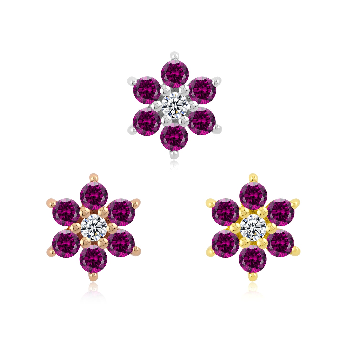 14k gold floral threadless piercing stud with CZ gemstones