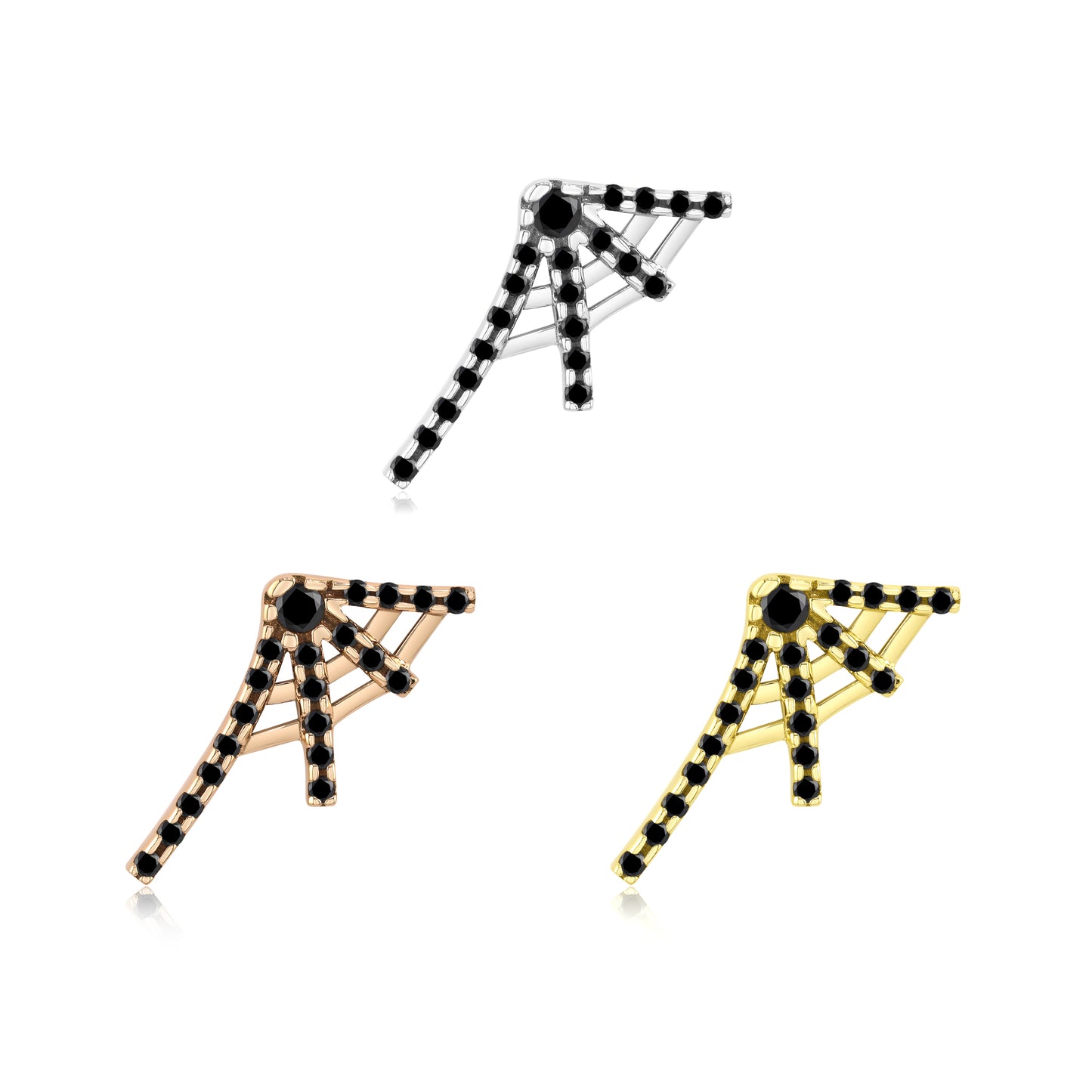14k gold spider web piercing jewelry with black CZ gemstones
