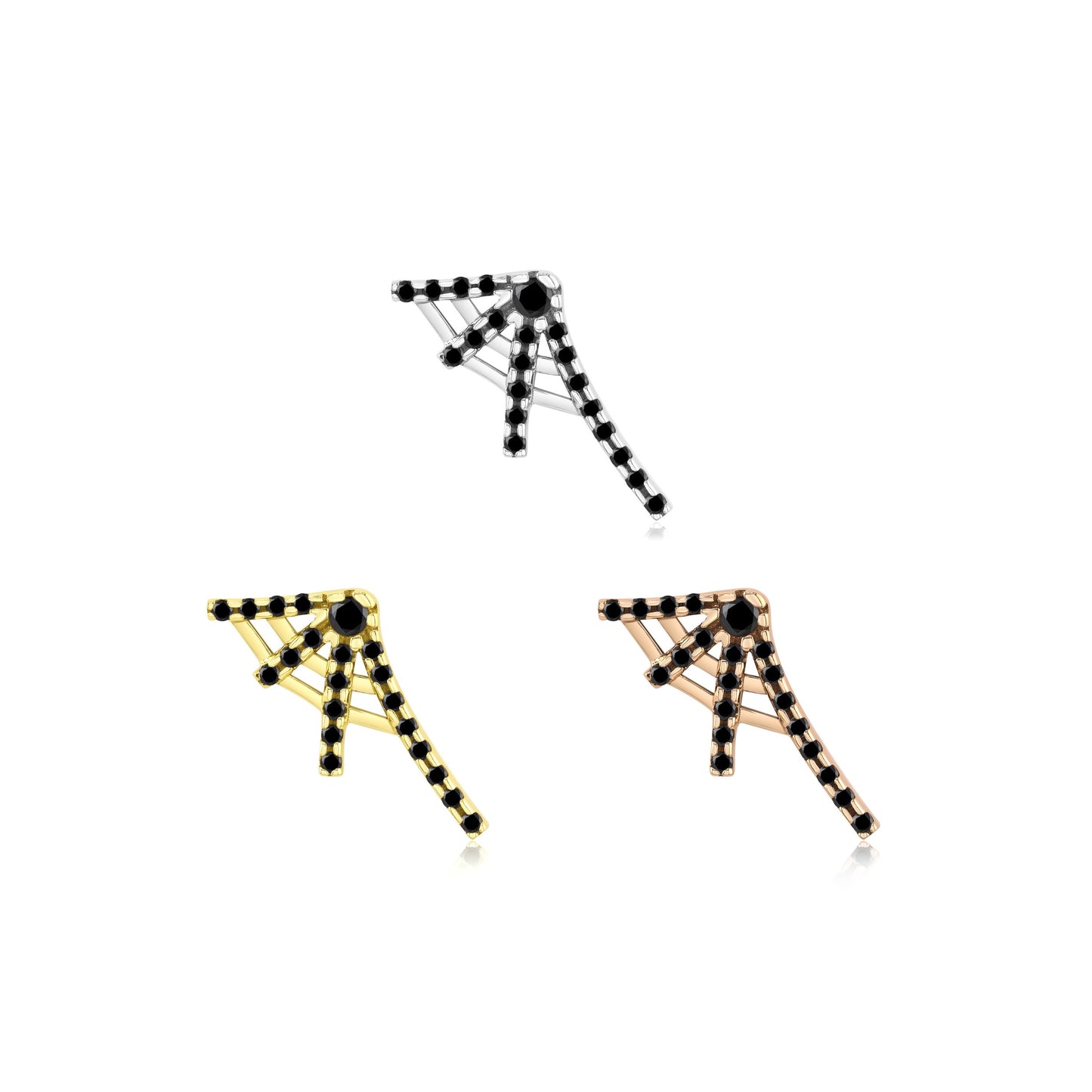 14k gold spider web piercing jewelry with black CZ gemstones