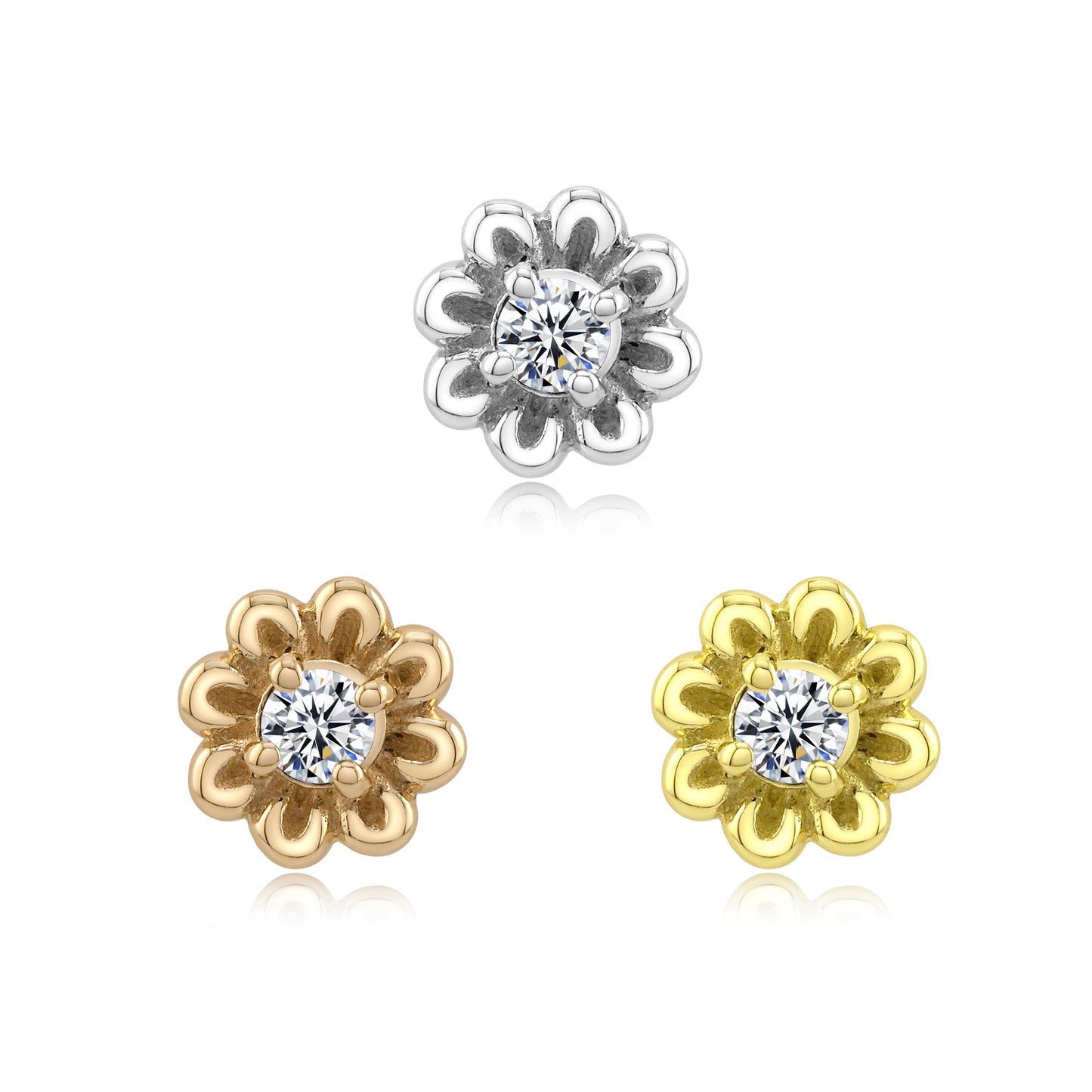 14k gold sunflower threadless end with CZ for floral piercing